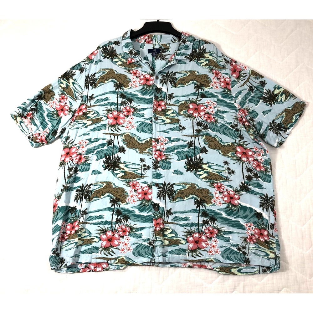 George Shirt Men's 3XL Blue Floral AOP Tropical Hawaiian Button Up Short Sleeve